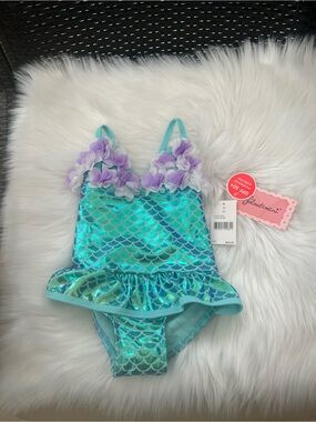 NWT Floatimini Kids Turquoise Mermaid One-Piece Swimsuit with Flower Trim